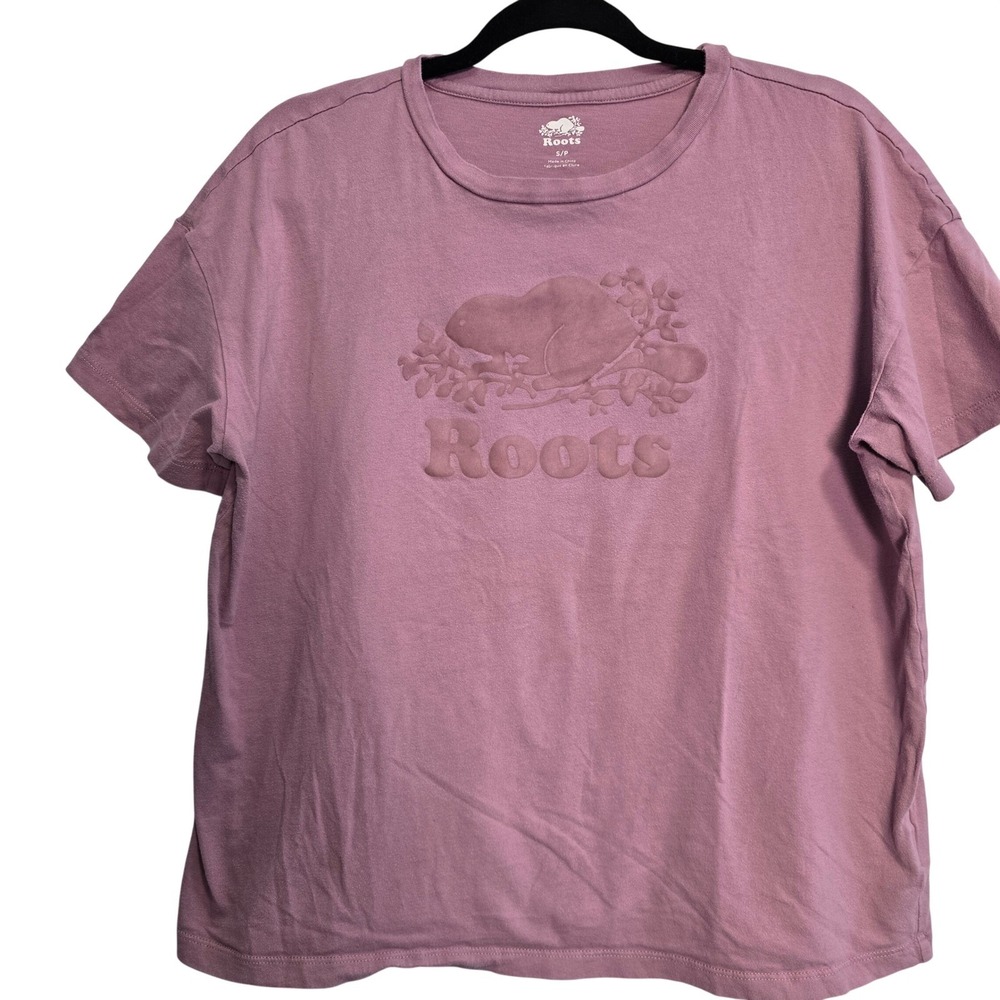 😀‎ Roots Women's Size S/P Dusty Rose Organic Cotton Embossed Logo T Shirt